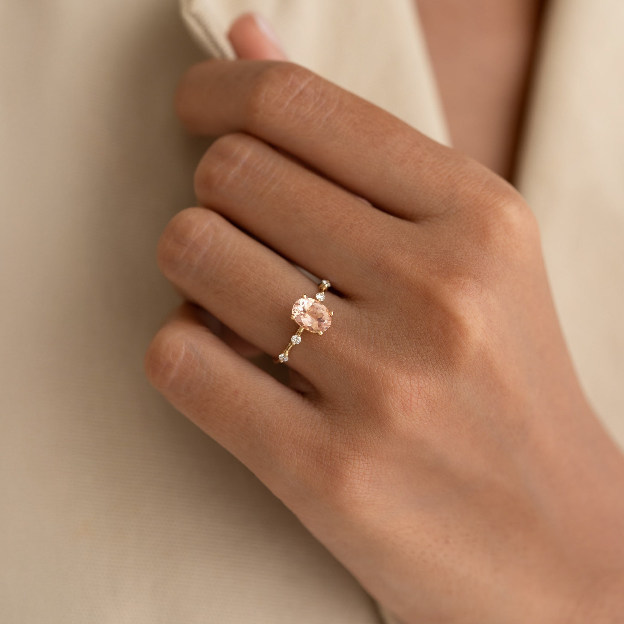 Oval Morganite and Diamond Ring 14k Gold - Demetria