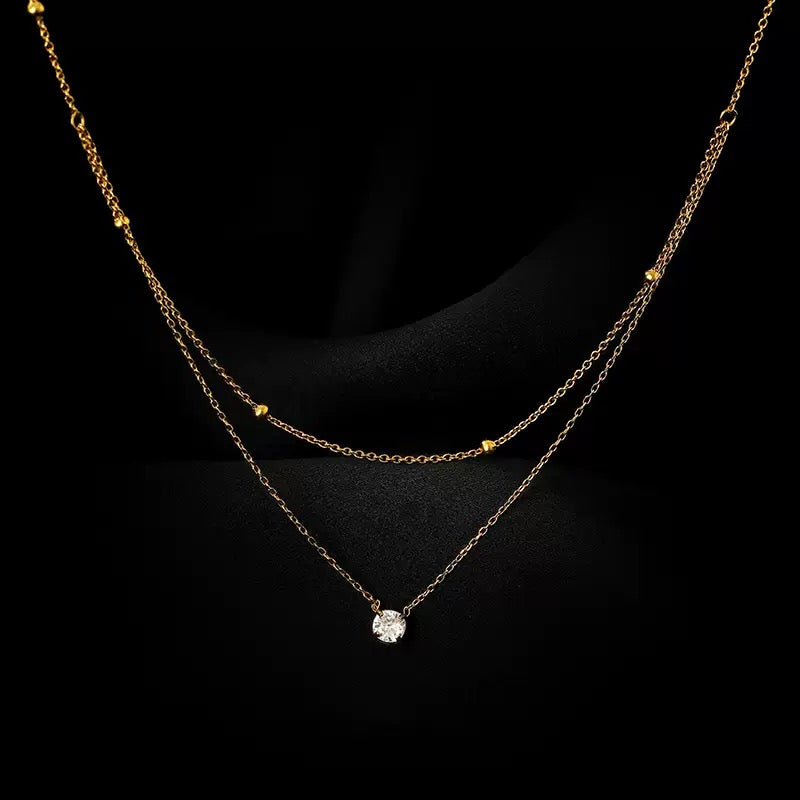 18K Gold Half Double Layer Single Diamond Necklace, Luxury Gold Beaded Layering Chain