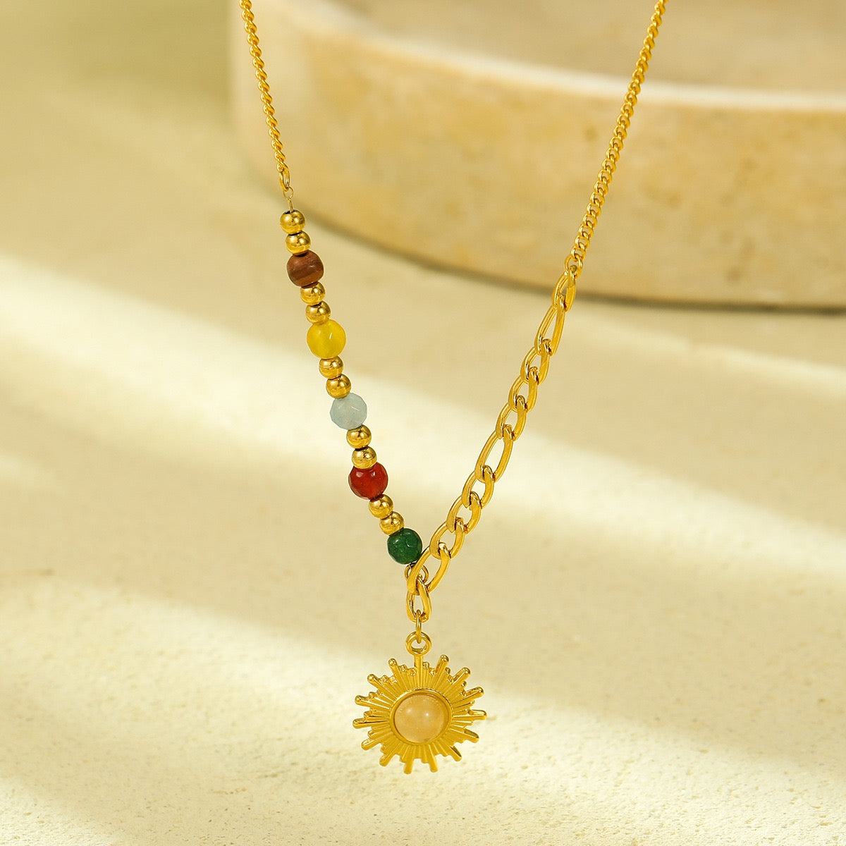 18K Gold Vintage Sun Colorful Beaded Necklace
