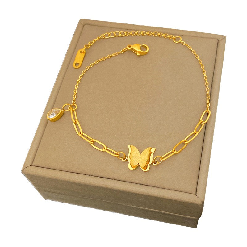 Dainty 18K Gold Micro Paved Zircon Butterfly Bracelet, Versatile Daily Wrist Jewelry
