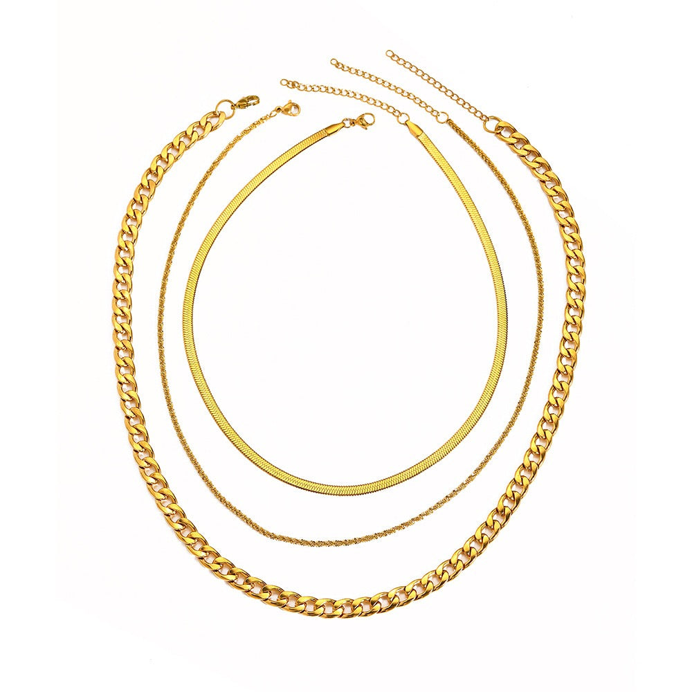 18K Gold Cuban & Snake Chain Layered Necklace Set