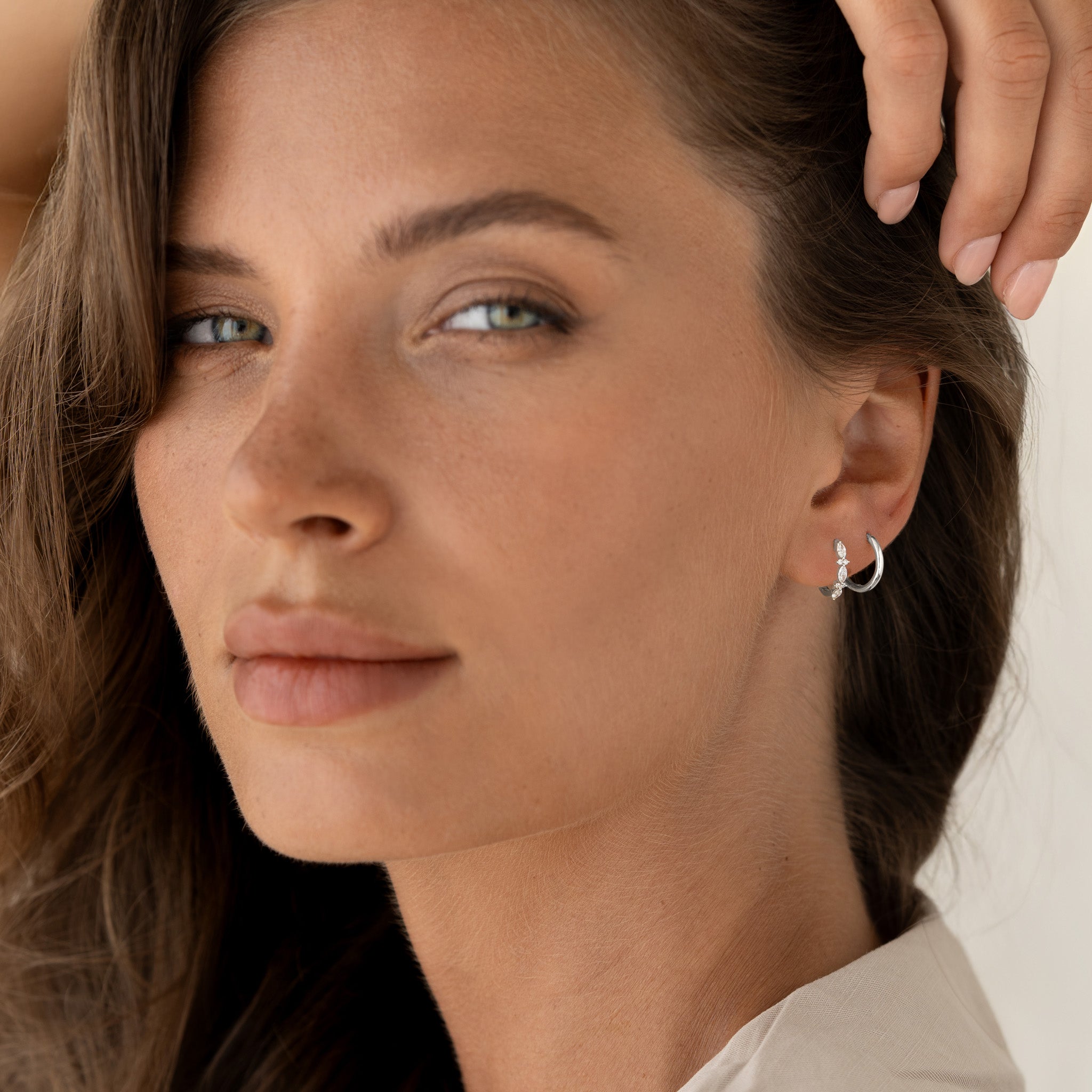 Marquise and Round Diamond Huggie Earrings White Gold - Zoya